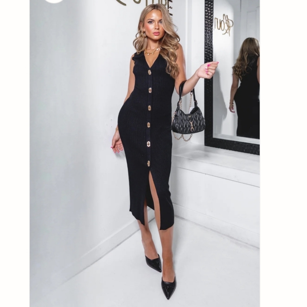 Boutique Skies Are Blue Ribbed Gold Button Midi Dress Black Small Miami O'clock - Picture 8 of 13